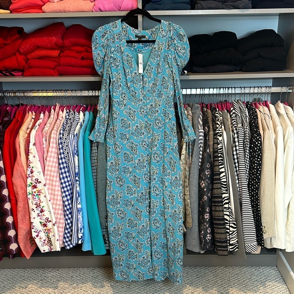 J Crew blue and paisley print long sleeve v neck dress size 0 NWT